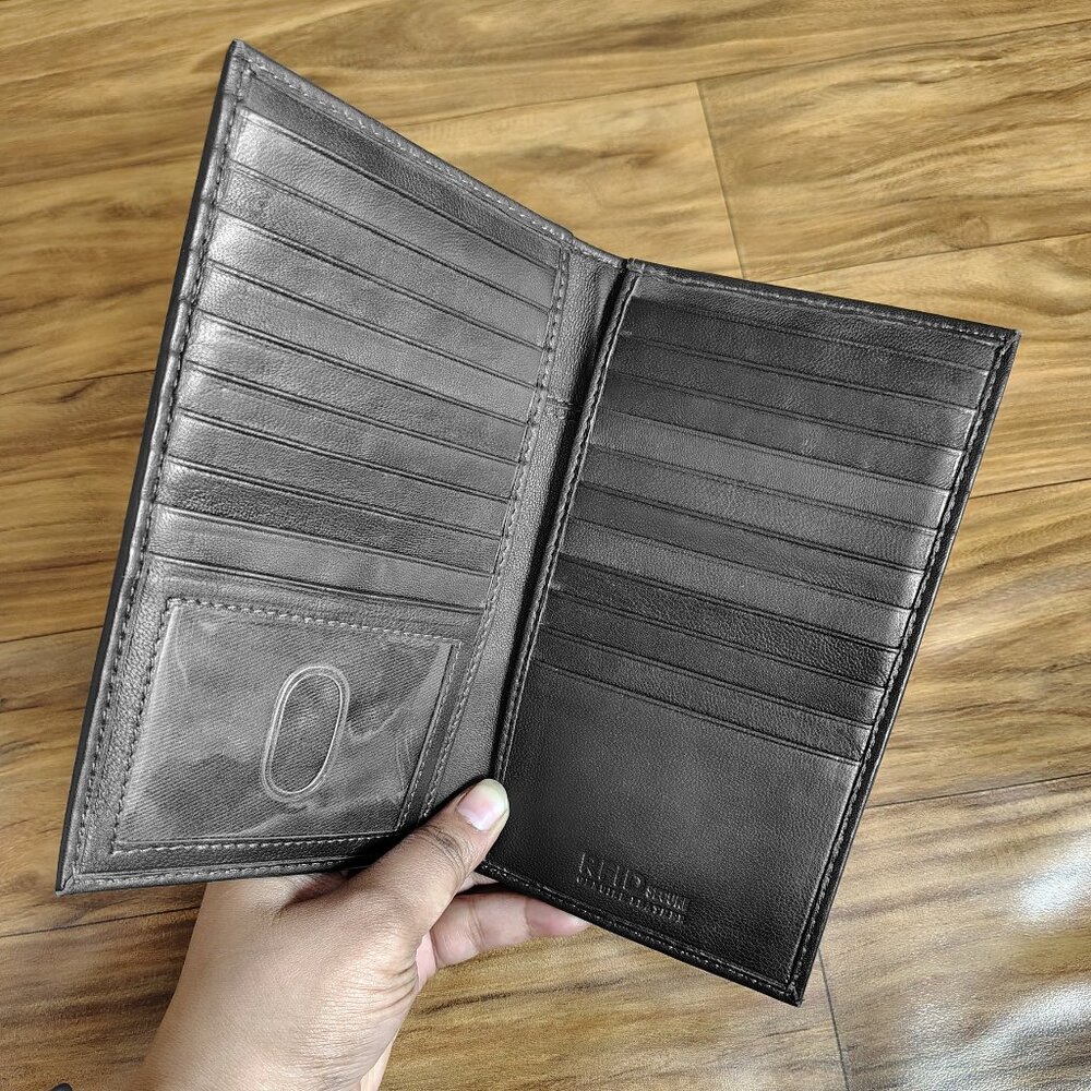 Genuine Leather Slim Long Bifold Wallet, Checkbook Cover with RFID Blocking